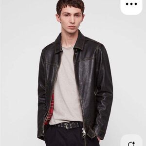 AllSaints Caleb Black Leather Jacket with Red Plaid Lining